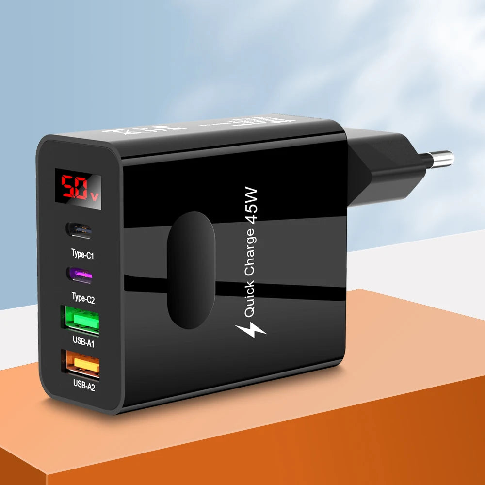 45W Fast Charger — 4-Port USB-C & USB-A Wall Adapter with Digital Display | Compatible with iPhone, Samsung, Xiaomi & More