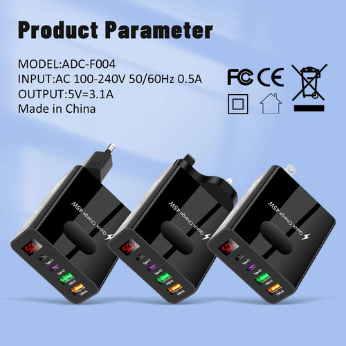 45W Fast Charger — 4-Port USB-C & USB-A Wall Adapter with Digital Display | Compatible with iPhone, Samsung, Xiaomi & More