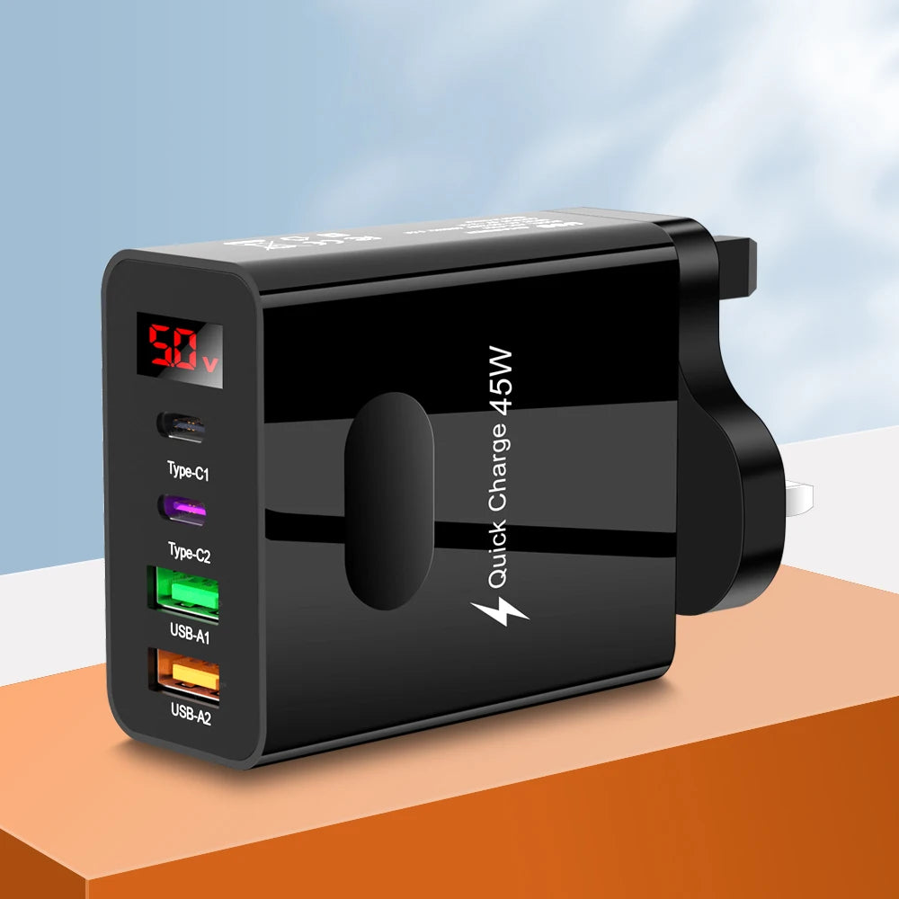 45W Fast Charger — 4-Port USB-C & USB-A Wall Adapter with Digital Display | Compatible with iPhone, Samsung, Xiaomi & More